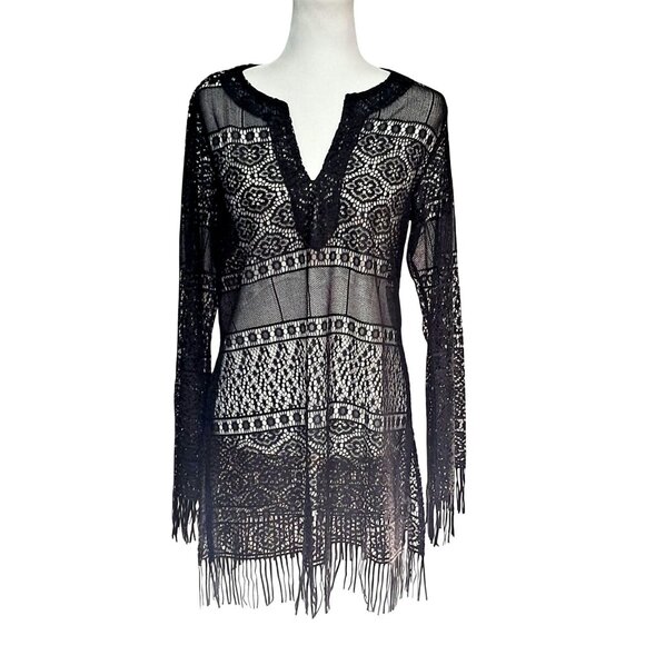 Wrapper Tops - Vintage Black Lace Top Womens Size L Large Fringe Long Sleeve V Neck Cover Up A-